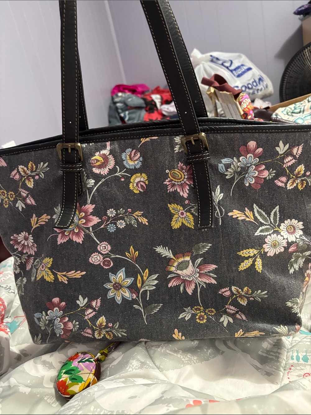 Floral Print Myrabag Tote Bag - Black with Pink & Yellow Accents